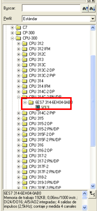 Selección CPU314C 2PN-DP de siemens en el catalogo